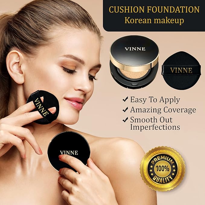 VINNE Korean Cushion Foundation, Lightweight Essence Makeup Natural and Dewy Finish, 12-Hour Lasting Effect, 0.42 Oz - #23 Natural Beige (Refill Not Included)