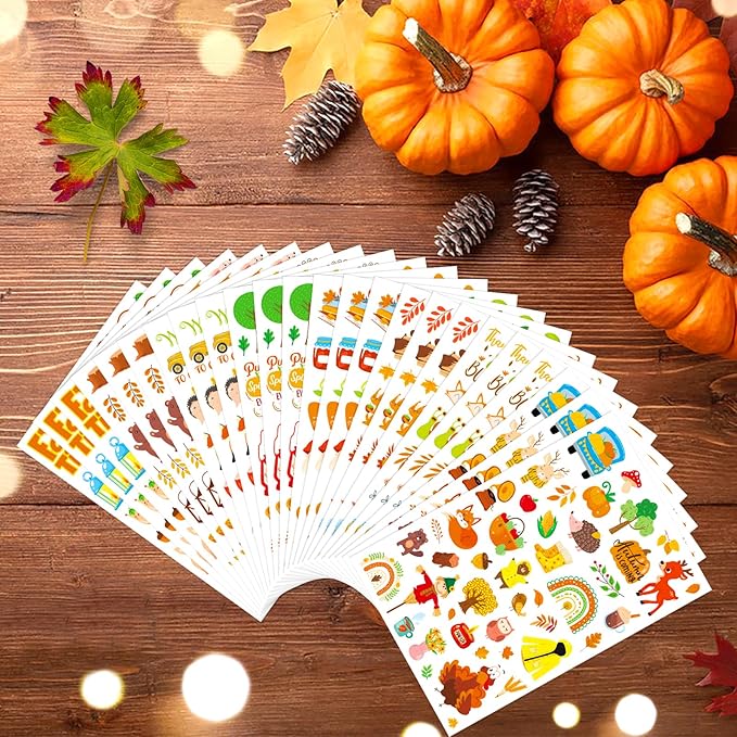 Fall Autumn Adhesive Stickers 990 Counts Woodland Pumpkin Stickers for Birthday Invitations Envelopes Decorations Party Goodie Gifts Bags Decor Water Bottle Decor Stickers