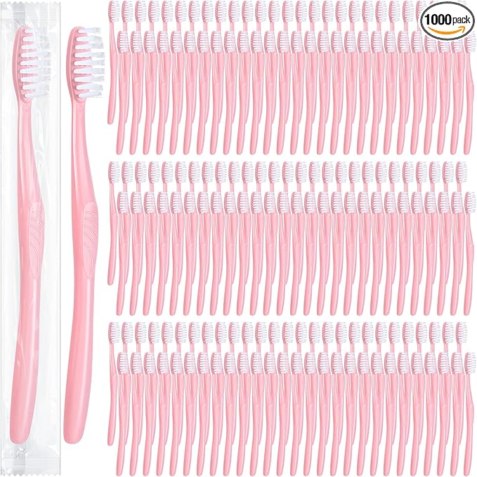 Tessco 1000 Pcs Disposable Toothbrushes Bulk Individually Wrapped Manual Soft Bristle Travel Toothbrushes Single Use Toothbrush for Homeless Hotel Toiletries Camping Office(Pink)