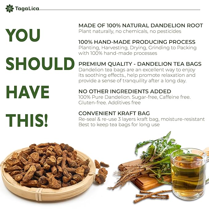 Tagalica Premium Dandelion Root Tea Bags - 25 Count, 100% Natural & Pure, Eco-Conscious, Herbal Tea, No Sugar, No Caffeine, No Gluten, Vegan