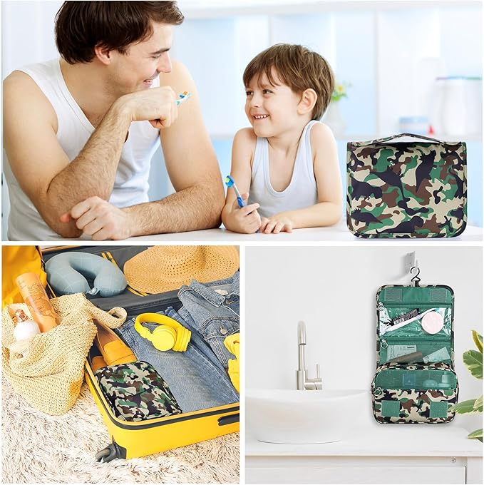 Kids Hanging Toiletry Bag for Boys, Travel Toiletry Bag for Little Young Boys Waterproof Wash Bag Toddler Traveling Toiletries, Dinosaur Camo