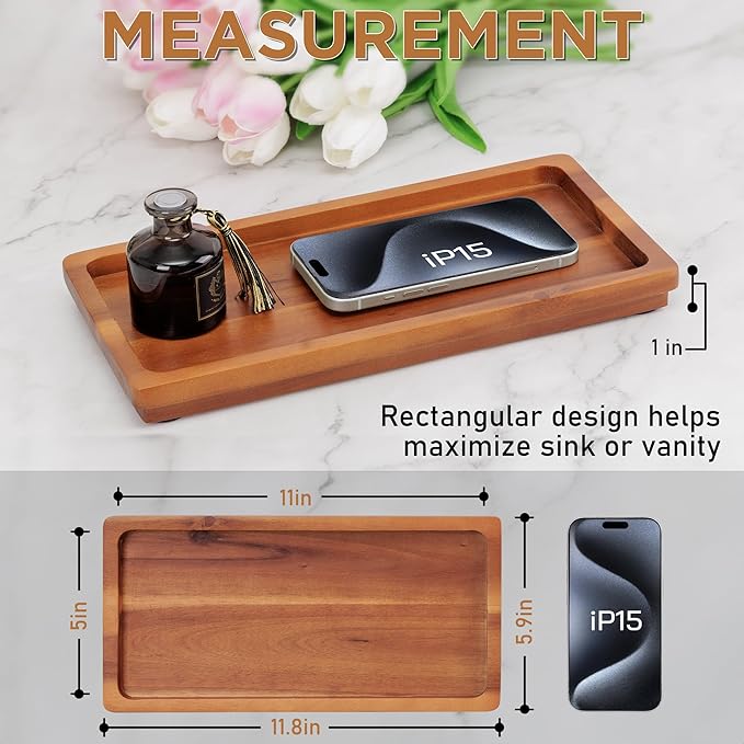 Bathroom Vanity Tray 11.8 x 5.9 inches of Natural Acacia Wood - Elegant Organizer for Cosmetics, Jewelry, Perfume, Candle, Key - Premium Wood Tray for Bathroom, Kitchen, Countertop, Toilet Tank, Sink