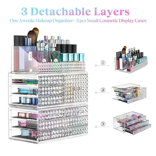 3 Pack Makeup Organizer Stackable[Upgraded], Acrylic Cosmetics Storage Cases with 8 Drawers Perfume Organizers For Brush Holder or Jewelry Display,Plus Size,Best For Vanity,Bathroom or Countertop