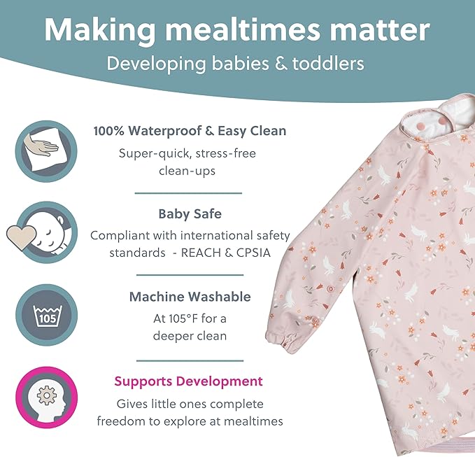 BIBaDO - Long Sleeve Baby Bibs - Babies & Toddlers 6-36 Months - Coverall Baby Led Weaning Bib - Easy Wipe, Soft & Waterproof