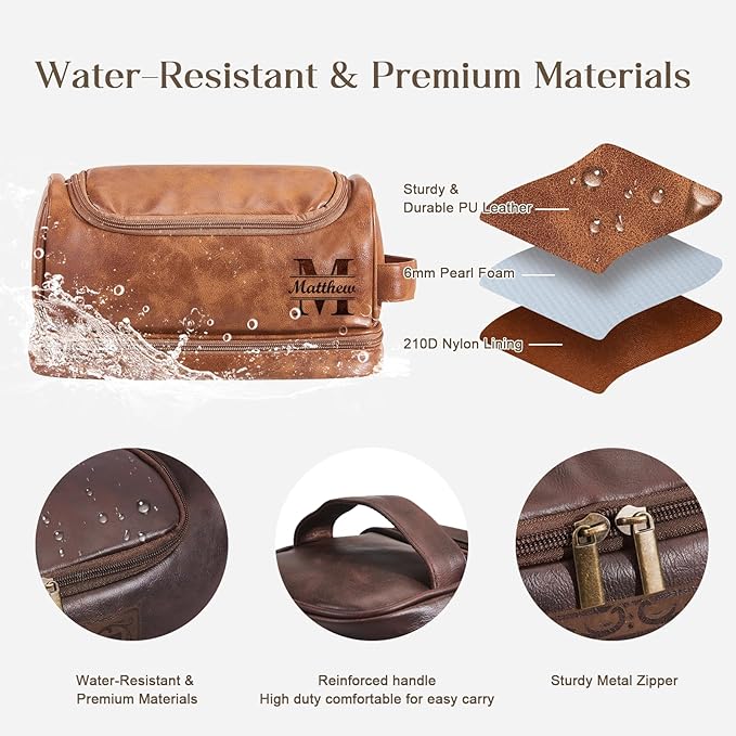 Personalized Toiletry Bag For Men, Husband, Boyfriend, Dad Large Capacity PU Leather Travel Dopp Kit Handcrafted Custom Name Unique Gift For Birthday| Fathers Day| Anniversary| Wedding Groomsmen Gifts
