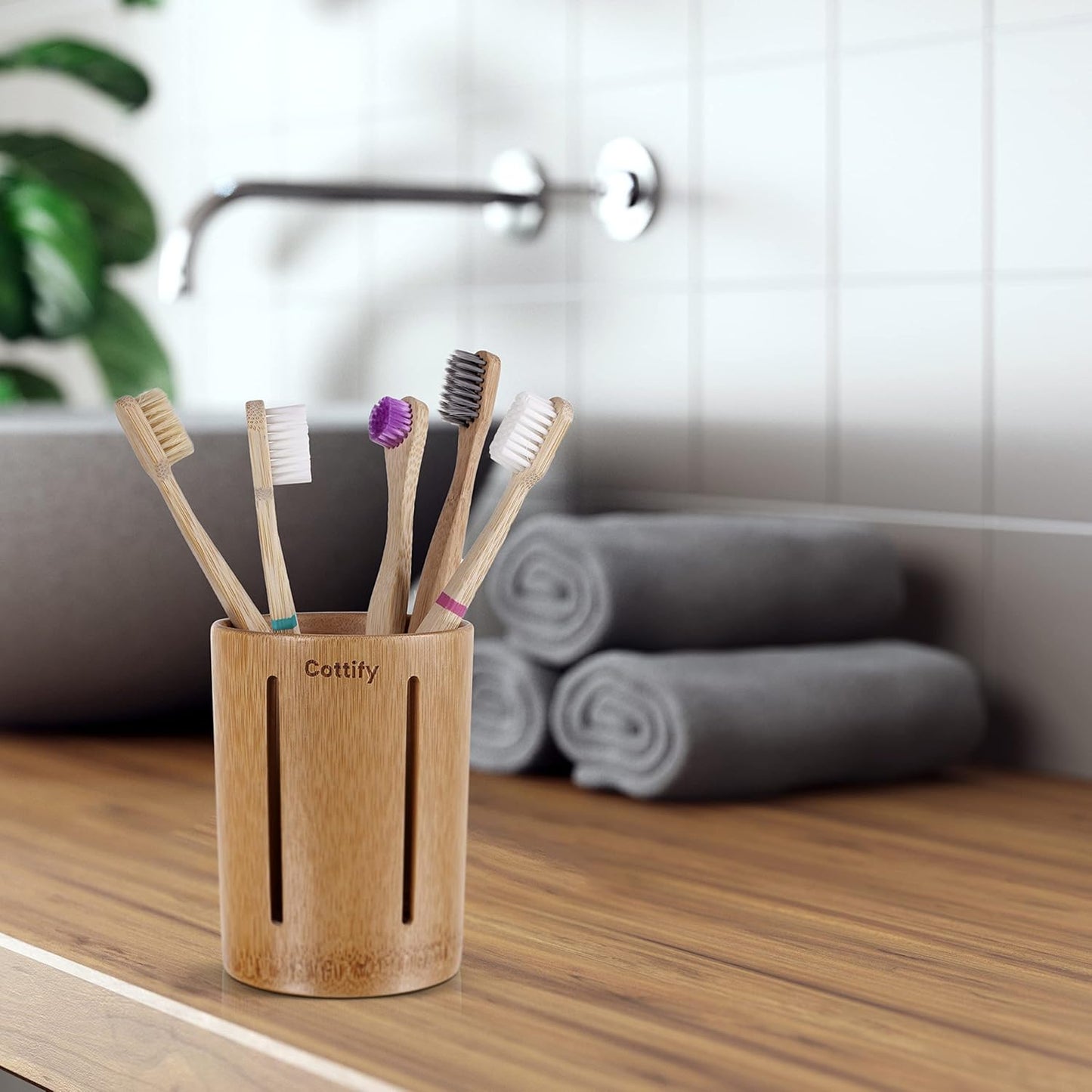 Cottify Bamboo Toothbrush Holder with Drainage, Quick Drying Bathroom Cup Holder, Toothpaste Holder, Wood Toothbrush Drainer, Stripes Glossy