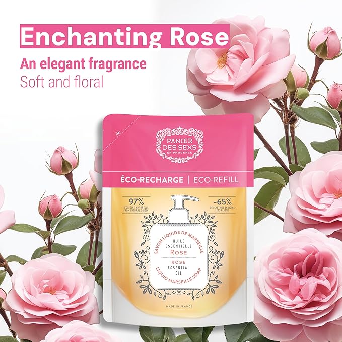 Panier des Sens Liquid Hand Soap Refills - Rose Floral Fragrance - Foaming Moisturizing Hand Soap - French Traditional Savon de Marseille for Kitchen & Bathroom - 34.4 Fl.oz Hand Wash 97% Natural