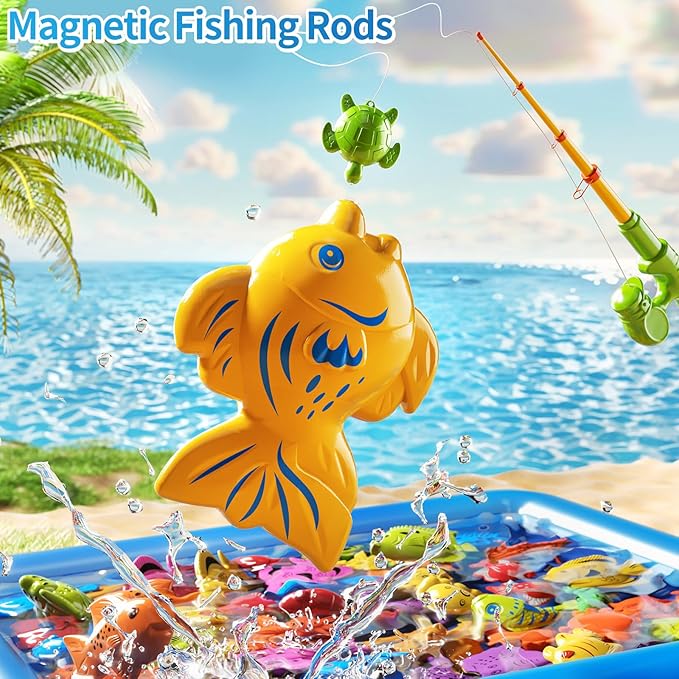Magnetic Fishing Game Pool Toys Set for Kids 3-5, Water Table Bathtub Toys with Inflatable Pool Pole Rod Net Plastic Floating Fish, Outdoor Toys for Kids Boys Girls Age 3 4 5 6 7 8 Year Old