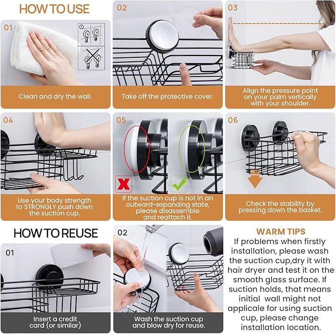 LEVERLOC Shower Caddy Suction Cup, 2 Pack Shower Shelves for Inside Shower with Hooks & Soap Holder, NO-Drilling Bathroom Shower Organizer, Rustproof Meatl Shower Holder Storage, Black