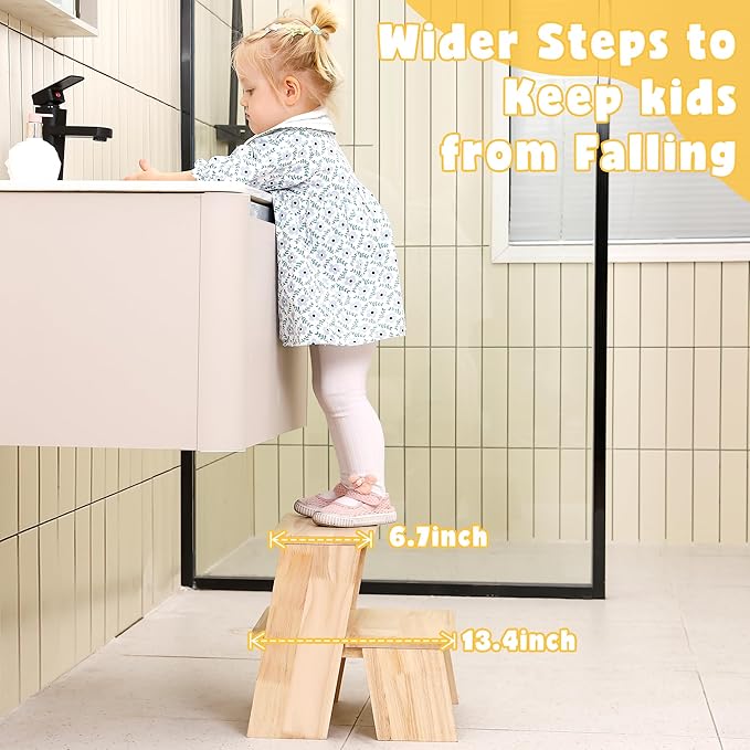 Wooden Toddler Step Stool for Bathroom Sink, Kids Step Stool with Non-Slip Pads for Potty Training and Bedroom Access