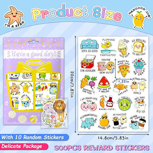 900PCS Funny Punny Reward Stickers for Kids Motivational Stickers Inspiration Positive Accents Teacher Supplies Stickers for Classroom Cute Cartoon Incentive Labels School Stickers for Students Chart