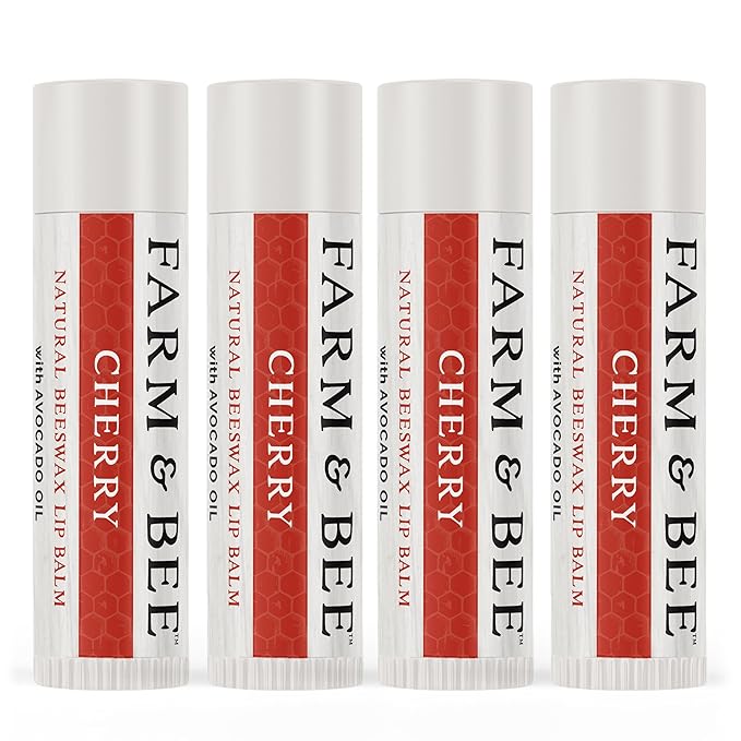 Natural Lip Balm - Organic & Natural Ingredients - Beeswax Based Moisturizing Lip Care Chapstick for Chapped Lips - Great Gift Idea - Farm & Bee - 0.15oz (Pack of 4 - Cherry)