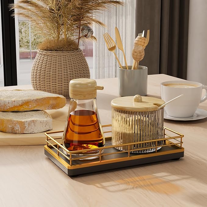 Wooden Decorative Tray, Oak 7.5" L Coffee Table for Kitchen Countertop Dresser Perfume Tray Jewelry Candle Nightstand Table Centerpieces for Dining Room Decor Black Gold