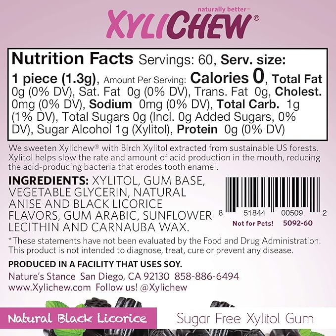 Xylichew 100% Xylitol Chewing Gum - Non GMO, Non Aspartame, Gluten Free, and Sugar Free Gum - Natural Oral Care, Relieves Bad Breath and Dry Mouth - Licorice, 240 Count