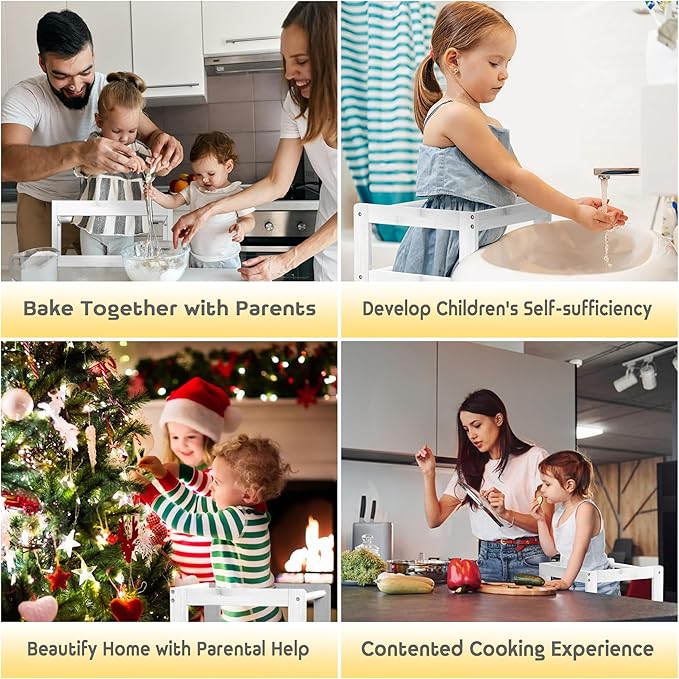 Kitchen Step Stool for Toddlers with Safety Rail, Wooden Toddler Standing Tower Kids Montessori Learning Stool Helper with A Anti-tip Structure for Kitchen Bathroom, Anti-Slip, White