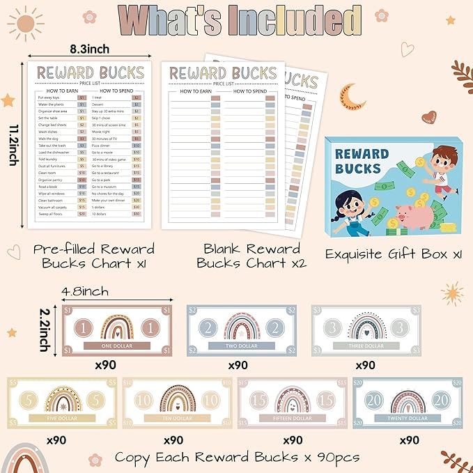 EZdhuawuse Reward Bucks Charts for Kids - Christmas Gifts 633P Good Behavior Boho Reward Chore Chart for Boys Girls, Family Housework Plan Earn Spend Props Birthday Gifts, Parent Child Play Game List