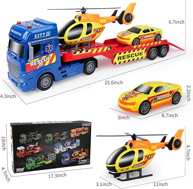 Dwi Dowellin Tow Truck Toy for Kids,25.6" Semi Truck Toy with Racing Car and Helicopter, Semi-Trailer with Lights & Sounds,Birthday Gift for 2 3 4 5 Years Old Boys and Girls