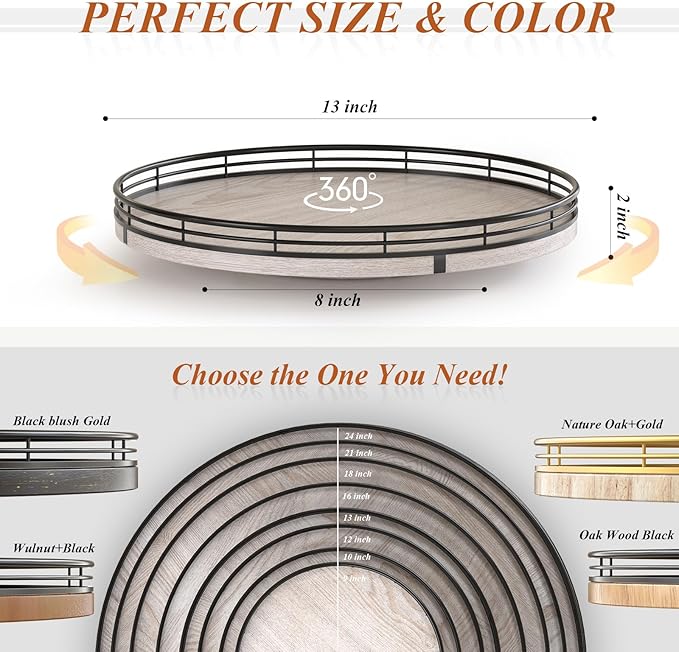 13" Oak Bathroom Vanity Tray Turntable for Perfume Candle, Round Wooden Decorative Tray for Kitchen Sink Countertop Organizer, Bathroom Counter Organizer for Skincare Makeup, Rustic Whitewashed