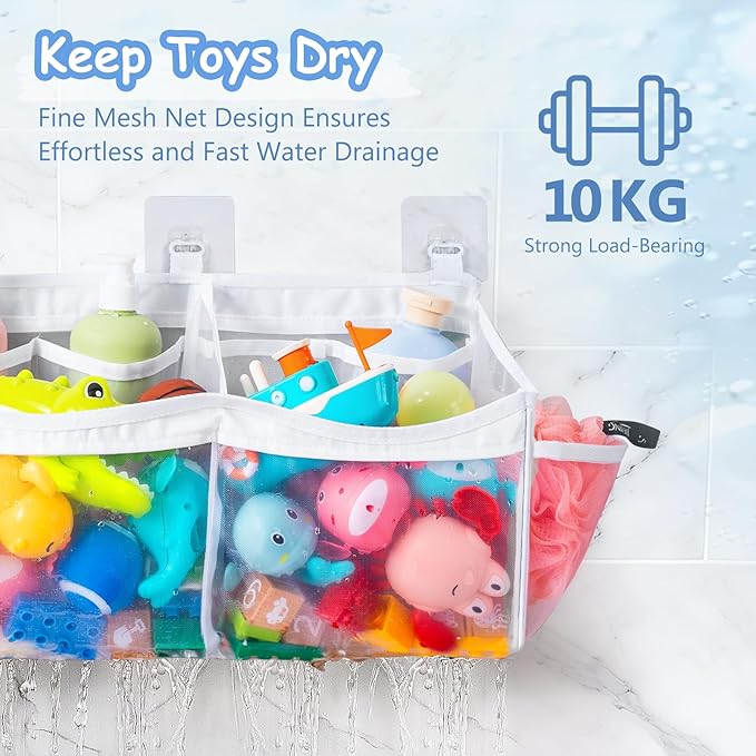 Criusia Extra Large Bath Toy Organizer with 3 Compartments and Multiple Pockets, Quick-Dry Mesh Bathtub Storage for Kids' Toys