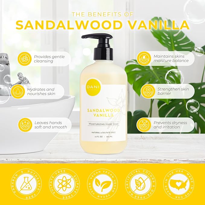 DANI Naturals Moisturizing Hand Soap – Sandalwood Vanilla Scent, Hydrating, Sulfate-Free & Paraben-Free, 12 Oz Bottle with Pump, Gentle Cleansing for Dry Skin