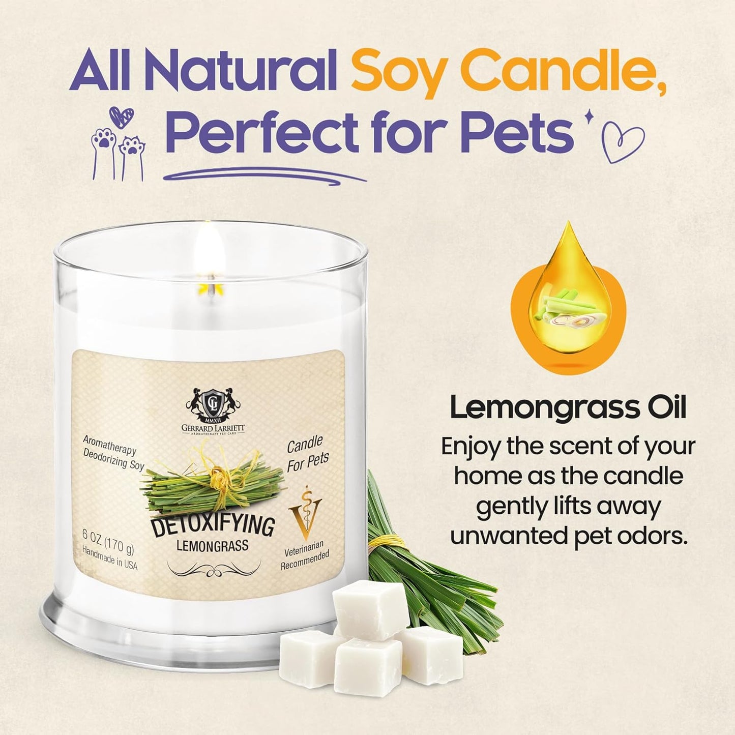 Pet Odor Eliminator Candle Detoxifying Lemongrass Scented Candle, Calming Candles Aromatherapy for Home Decor, Soy Wax Pet Candles Odor Eliminator for Animal Lover, Aromatherapy by Gerrard Larriett