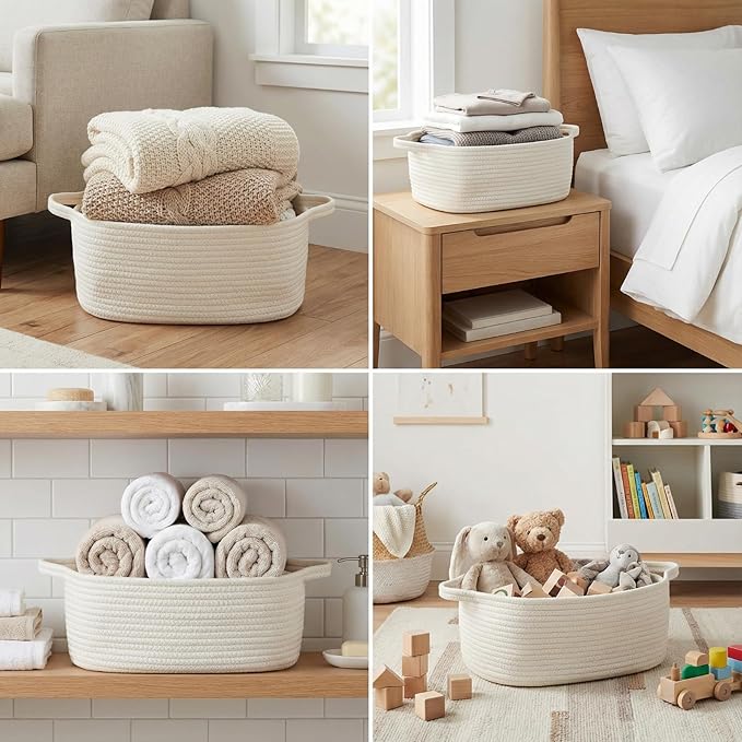 BOMINICA Cotton Rope Storage Basket with Handles, Natural Woven Basket, Decorative Rectangle Organizer Bin for Home, Nursery, Montessori, Pet Toy Storage and Bathroom Organization, White