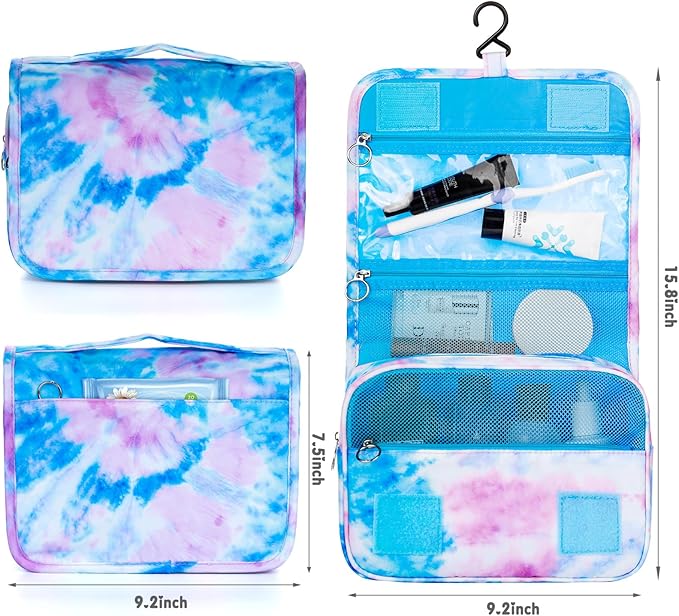 Kids Hanging Toiletry Bag for Girls, Travel Toiletry Bag for Little Young Girls Cosmetic Makeup Waterproof Wash Bag Toddler Traveling Toiletries, Tie Dye Blue