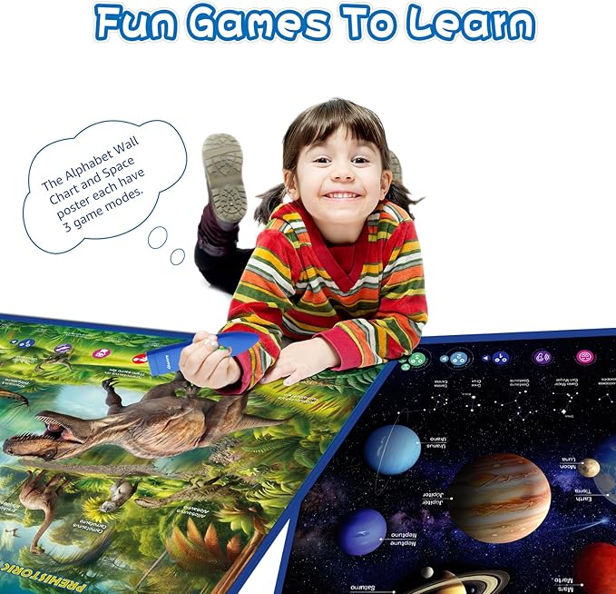 Bilingual Interactive for Kids Talking Dinosaur & Space Poster for Kids Learning and Educational Toys,Talking Educational Dinosaur Toy for Ages 3 to 12 Years Old,Space Theme Wall Decor for Preschool