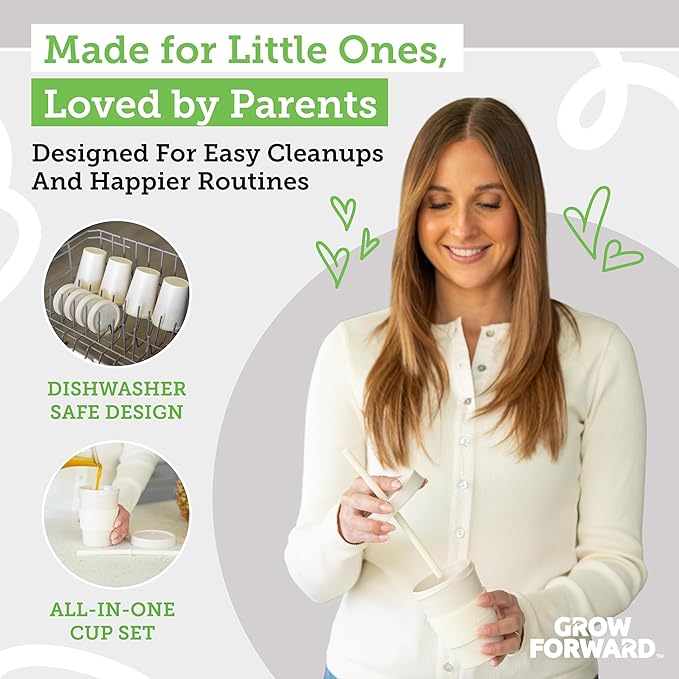 Grow Forward Bamboo Kids Cups with Lids and Straws - 10oz Drinking Cups for Kids with Childproof Twist Lids & Silicone Straws - Eco Friendly, BPA Free, Non Toxic & Dishwasher Safe - Arctic