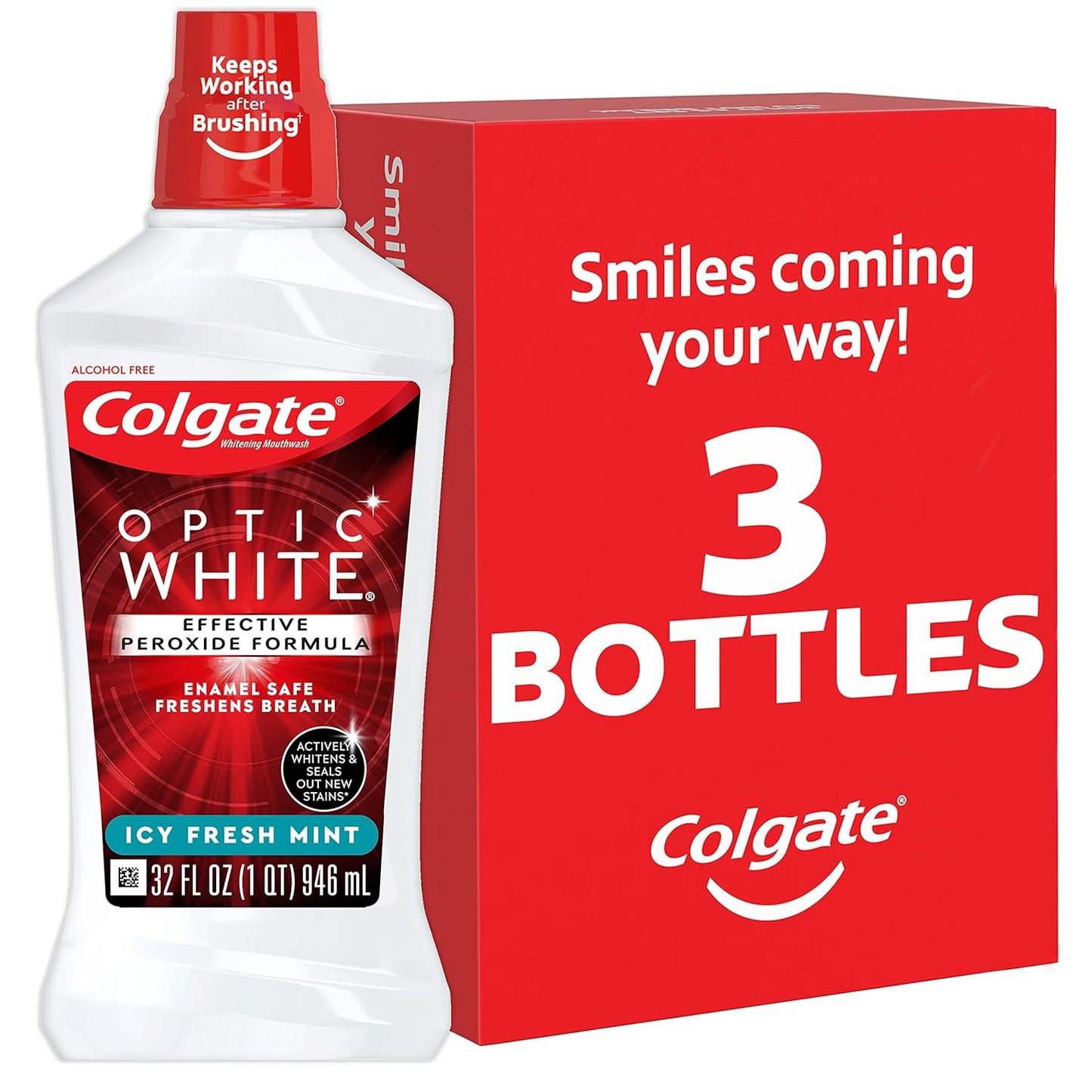 Colgate Optic White Whitening Mouthwash, Fresh Mint - 946mL, 32 Fluid Ounce (3 Pack)