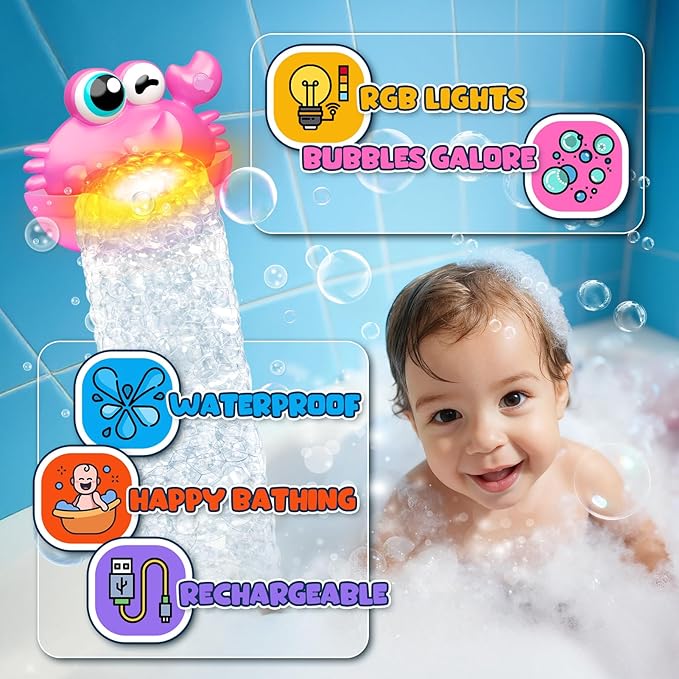 Light Up Crab Bath Bubble Maker Bathroom Toys for Kids Ages 1-3 4-8,Bath Bubble Machine with Colourful Light Toddler Bathub Toy Gifts for Kids
