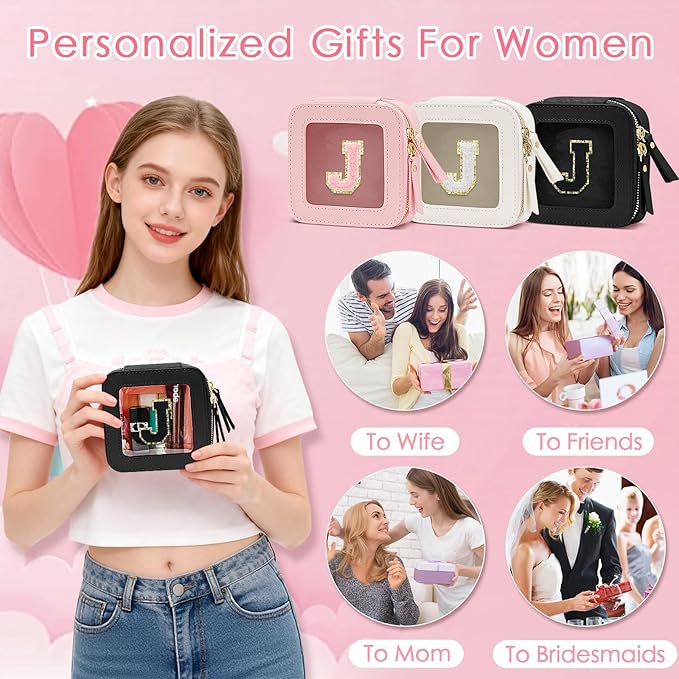 Initial Travel Toiletry Bag - Cosmetic Bags for Girls with Zipper, Clear & Potable Girls Makeup Bag for Travel, Small Cosmetic Pouch Perfect Gifts for Graduation (Black, J)