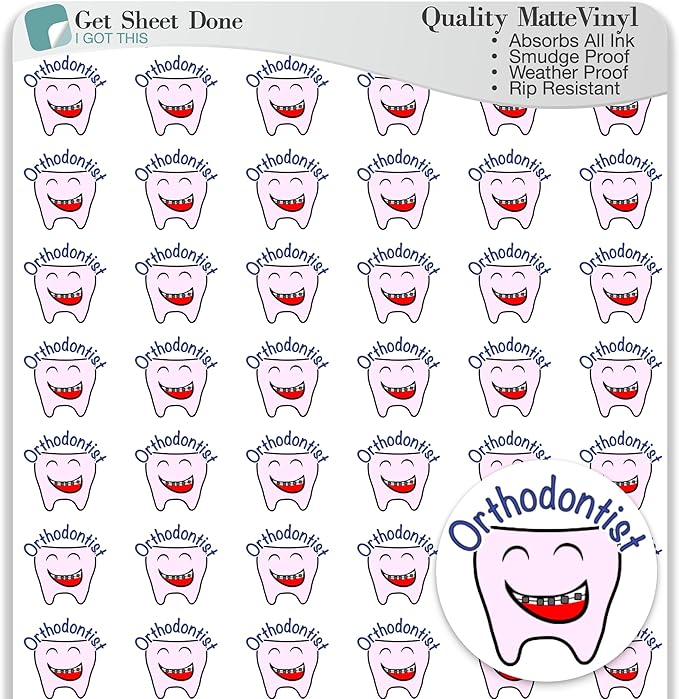 Ortho Appointment Planner Sticker / 54 Fun Vinyl Stickers (1/2”) / Orthodontist Dentist Braces/Health Wellness Essential Productivity Life/Bullet Bujo Journal (1 Sheet, Tooth, Matte Vinyl)