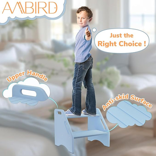AMBIRD Wooden Step Stool, Two Step Stools 300 lbs Capacity with Safety Non-Slip Pads and Handles, Bamboo Step Stool for Bathroom, Kitchen Dual Height Step Stools for Kids (Sky Blue)