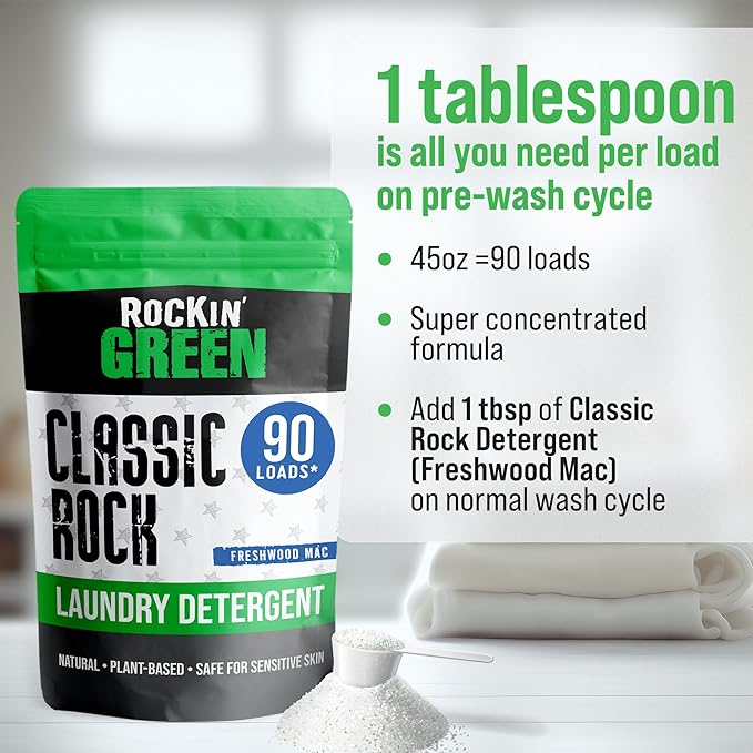 Rockin' Green Classic Rock Laundry Detergent (90 Loads), Plant based, All Natural Laundry Detergent Powder, Vegan and Biodegradable Odor Fighter, Safe for Sensitive Skin, 45 oz (Freshwood Mac)