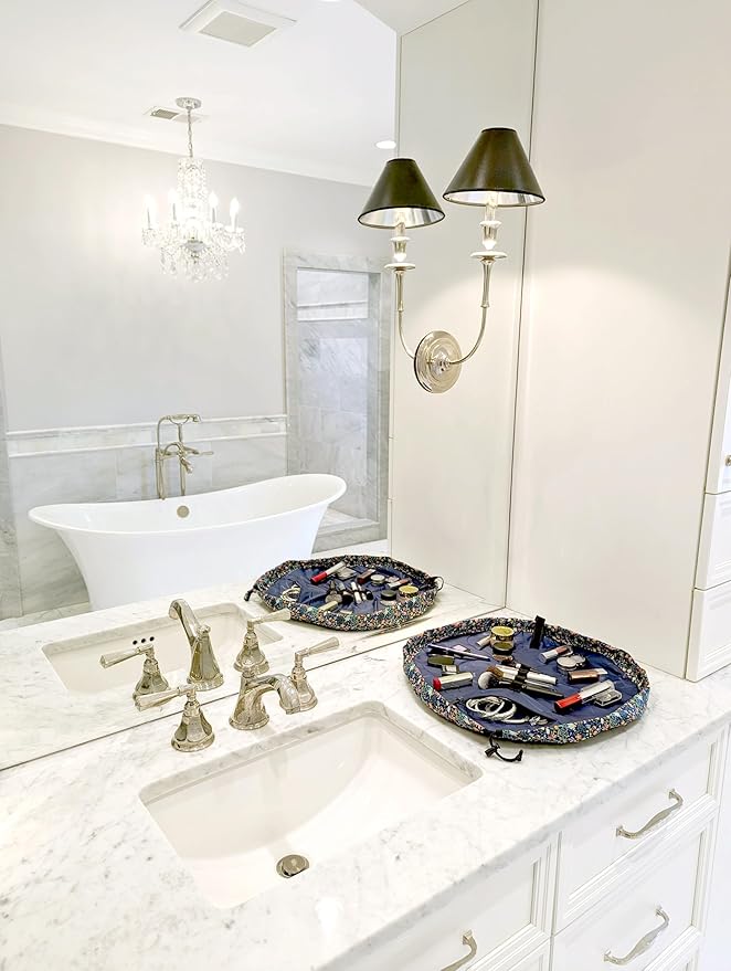 Lay-n-Go Cosmo Layflat Drawstring Cosmetic & Makeup Bag Organizer - Portable Drawstring Makeup Bag w/Zipper Pocket, Loops & More -Durable, Machine Washable Toiletry Bag (20", Butterfly Small Floral)