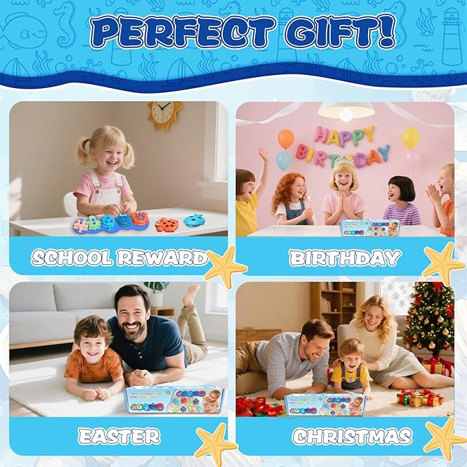 Toddler Bath Toys, Premium Silicone Mold Free Ocean Animal Shape Sorting & Stacking Baby Bath Toys, No Hole Bathtub Floating Toys Gift for Boys Girls, Early Learning Sensory Water Toys, Bathtime Fun