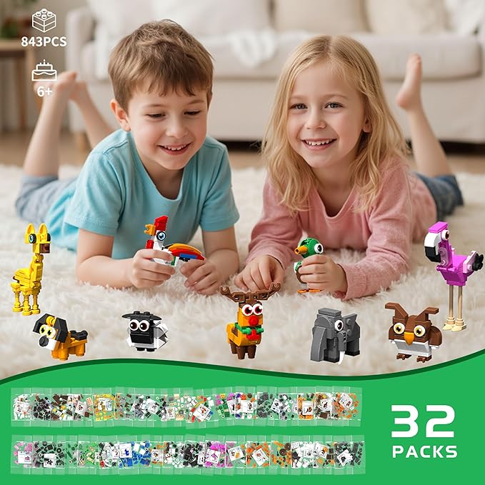 32 Packs Party Favors Building Block Sets for Kids,Mini Animal Building Toys for Classroom Prizes,Goodie Bag Stocking Stuffers,Valentines Day Christmas Birthday Gifts for Girls Boys Age 8-12