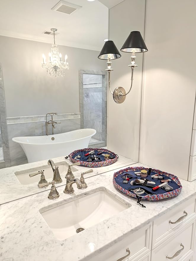 Lay-n-Go Cosmo Layflat Drawstring Cosmetic & Makeup Bag Organizer w/Zipper Pocket, Brush Loops & More, Cinch to Close, Lay Flat to Use, Durable, Machine Wash, Travel Toiletry Bag (20", Love)