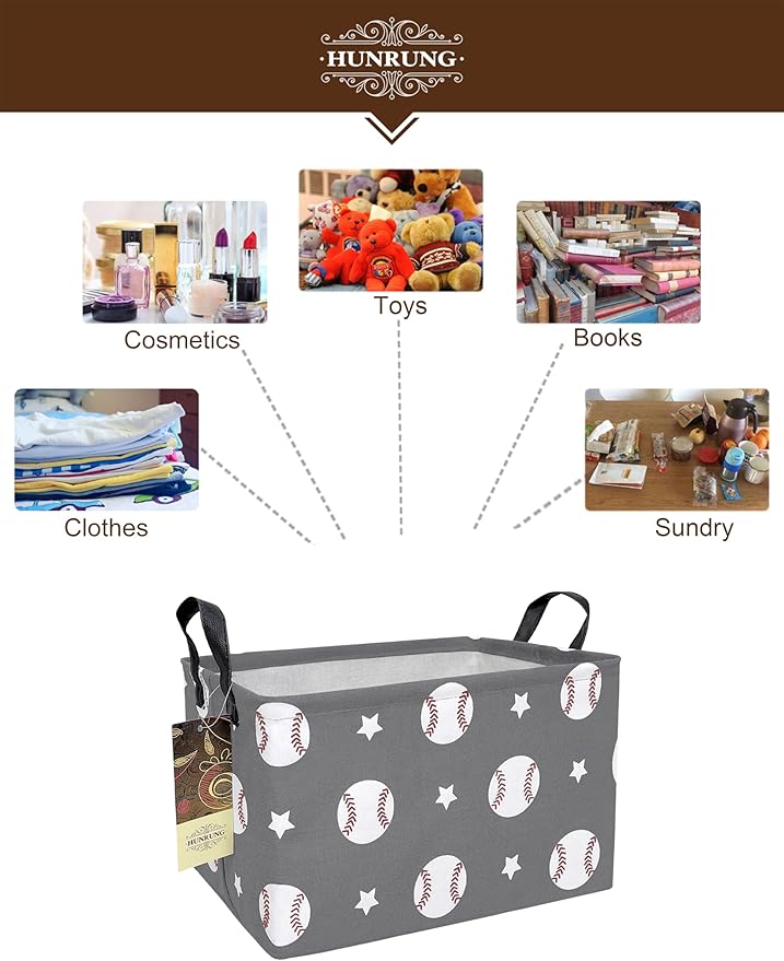 HUNRUNG Rectangle Storage Basket Cute Canvas Organizer Bin for Pet/Children Toys, Books, Clothes Perfect for Rooms/Playroom(REC-Grey Baseball)