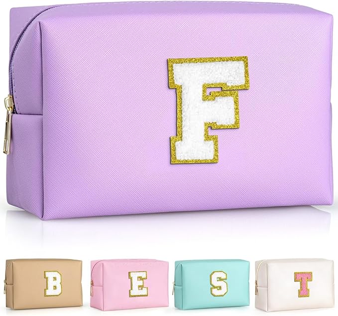 TOPEAST Preppy Makeup Bag, Small Cosmetic Travel Bags for Women, PU Leather Waterproof Toiletry Bag with Zipper, Personalized Birthday Gift for Women Girl, Preppy Gifts for Girl (Purple F)