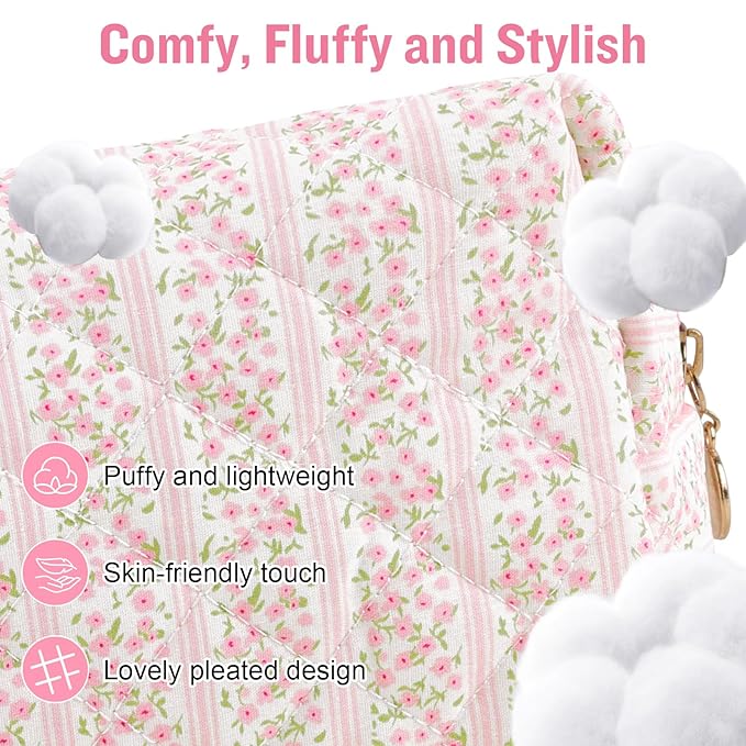 Personalized Quilted Cosmetic Bag, Puffy Monogrammed Christmas Birthday Gifts for Women & Girls, Cute initial Floral Makeup Bag Puffer Coquette Bag, Aesthetic Travel Toiletry Zipper Pouch(Pink,Y)