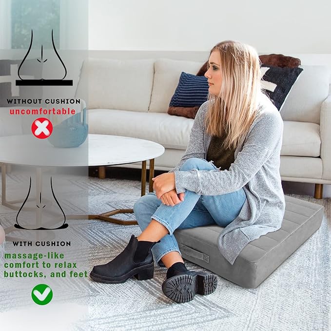 MeMoreCool Square Floor Pillow for Adults and Kids, Large Meditation Cushion with Thick Foam and Washable Tufted Cover, 24-Inch Grey Seat for Sitting and Yoga