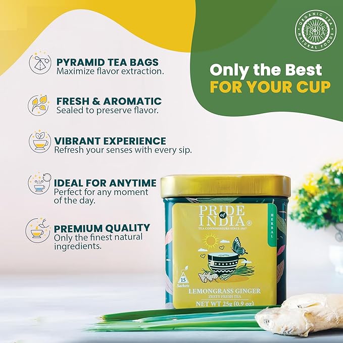 Pride of India | PACK of 6 - Lemongrass Ginger Zesty Fresh Tea | 15 Pyramid Full Leaf Individually Wrapped Tea Bags | 100% Herbal Blend from Single Origin | Tangy & Spicy Flavor | Caffeine-Free