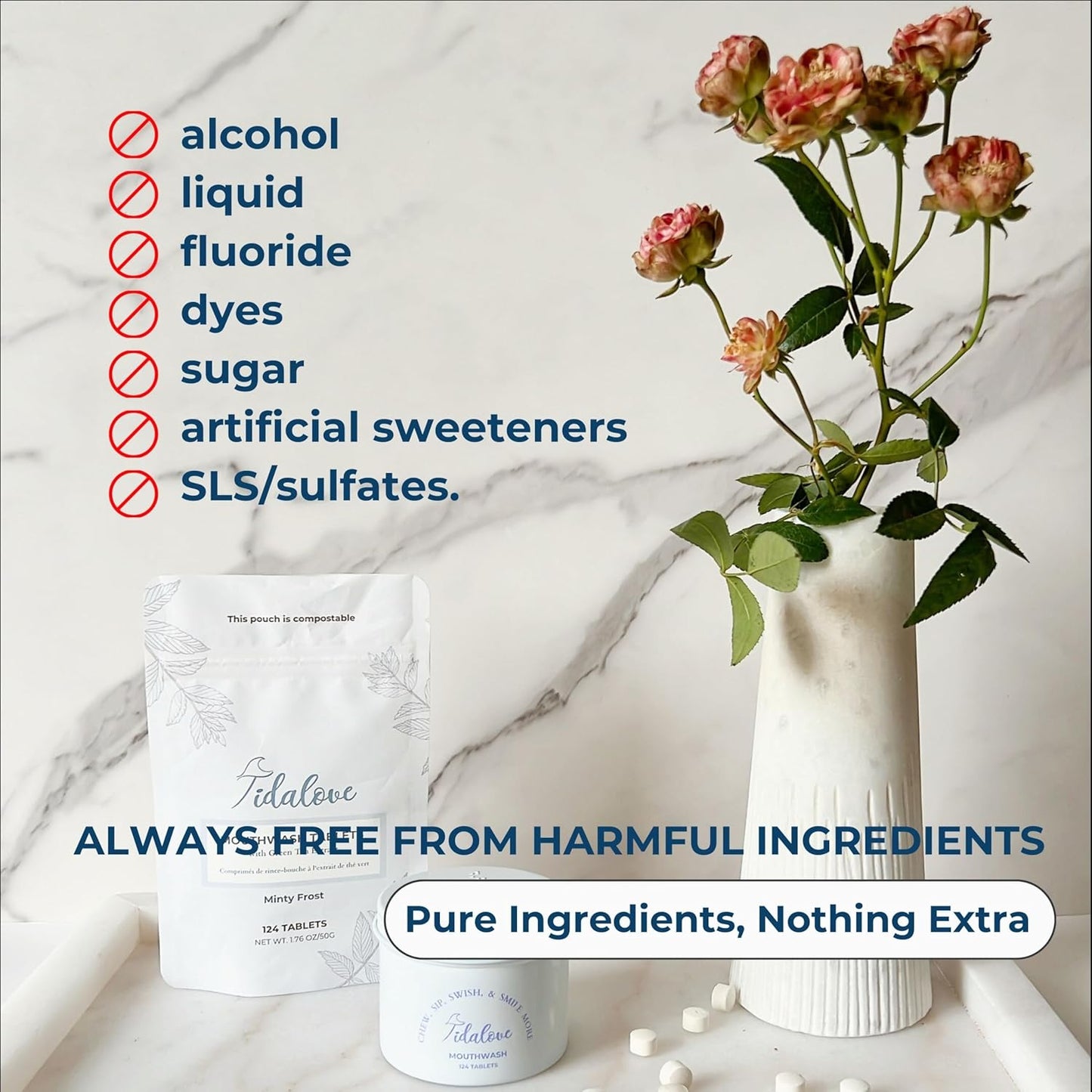 Mouthwash Tablets - Alcohol-Free, Eco-Friendly, Travel-Friendly, with Nano-HA & Green Tea for Fresh Breath and Enamel Protection - 124 Tablets (Tin)