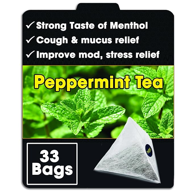 Peppermint (Mint) Tea Bags Pyramid with String - Strong Taste of Menthol - Throat Soothing for Cough & Mucus Relief, Freshen Breath, Digestive Support - Premium Peppermint Leaves (Mentha Piperita)