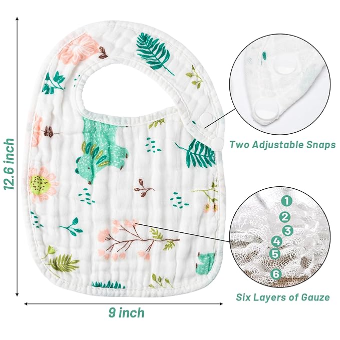 Zainpe 6Pcs Snap Muslin Cotton Bibs for Baby Rainbow Unicorn Flamingo Machine Washable Burp Cloths with 6 Absorbent Soft Layers for Girl&Boy Infant Newborn Toddler Feeding Drooling Teething