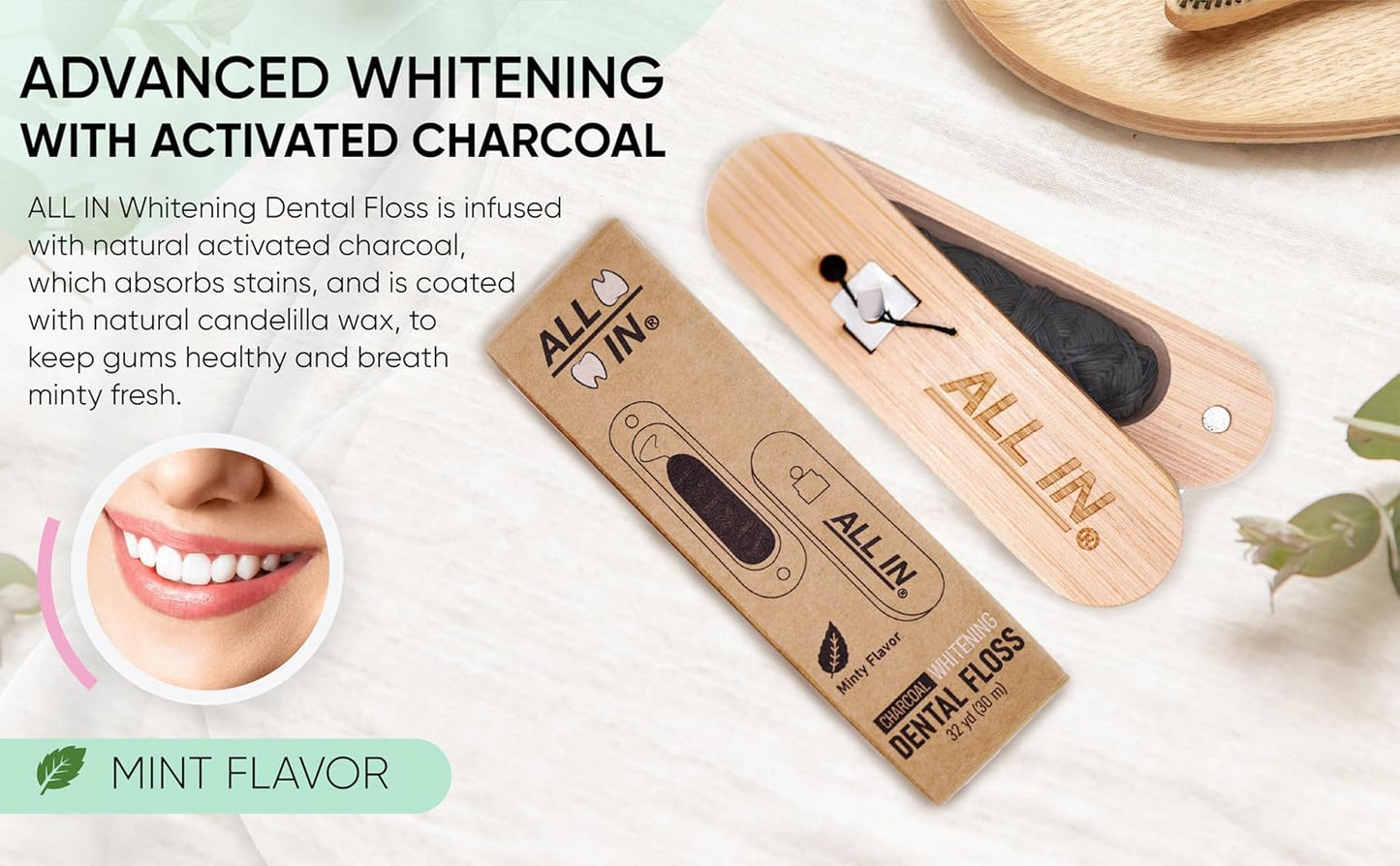 ALL IN Charcoal Floss Refills 6 x 32 Yds Each - Activated Charcoal Dental Floss Refills Only – BPA Free, Plant Based No PFAS Mint Floss for Plaque Removal, Fresh Breath (6)