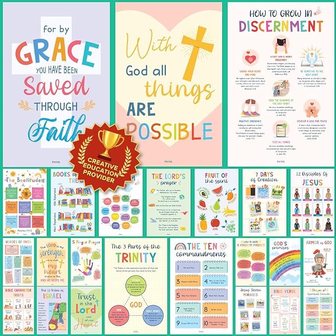 Excool Club Sunday School Decorations For Classroom - 24 Book Of The Bible Posters For Kids, Ten Commandments Fruit Of The Spirit Wall Art, Bible Study Supplies For Christian Classroom Decor (11"x17")