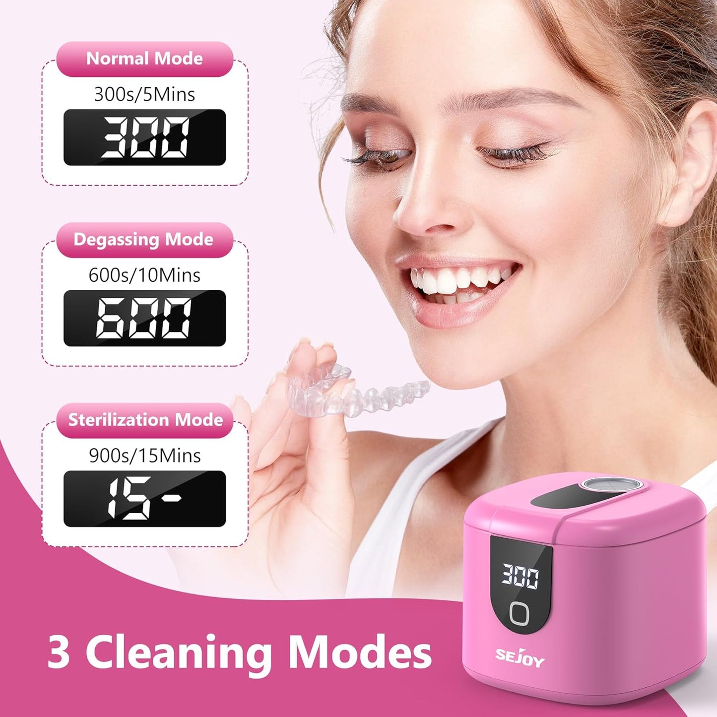 Sejoy 45kHz Ultrasonic Retainer Cleaner, U-V Double Denture Cleaning Machine with Digital Timer, Cleaner for Braces, Mouth Guards, Rings, Toothbrush